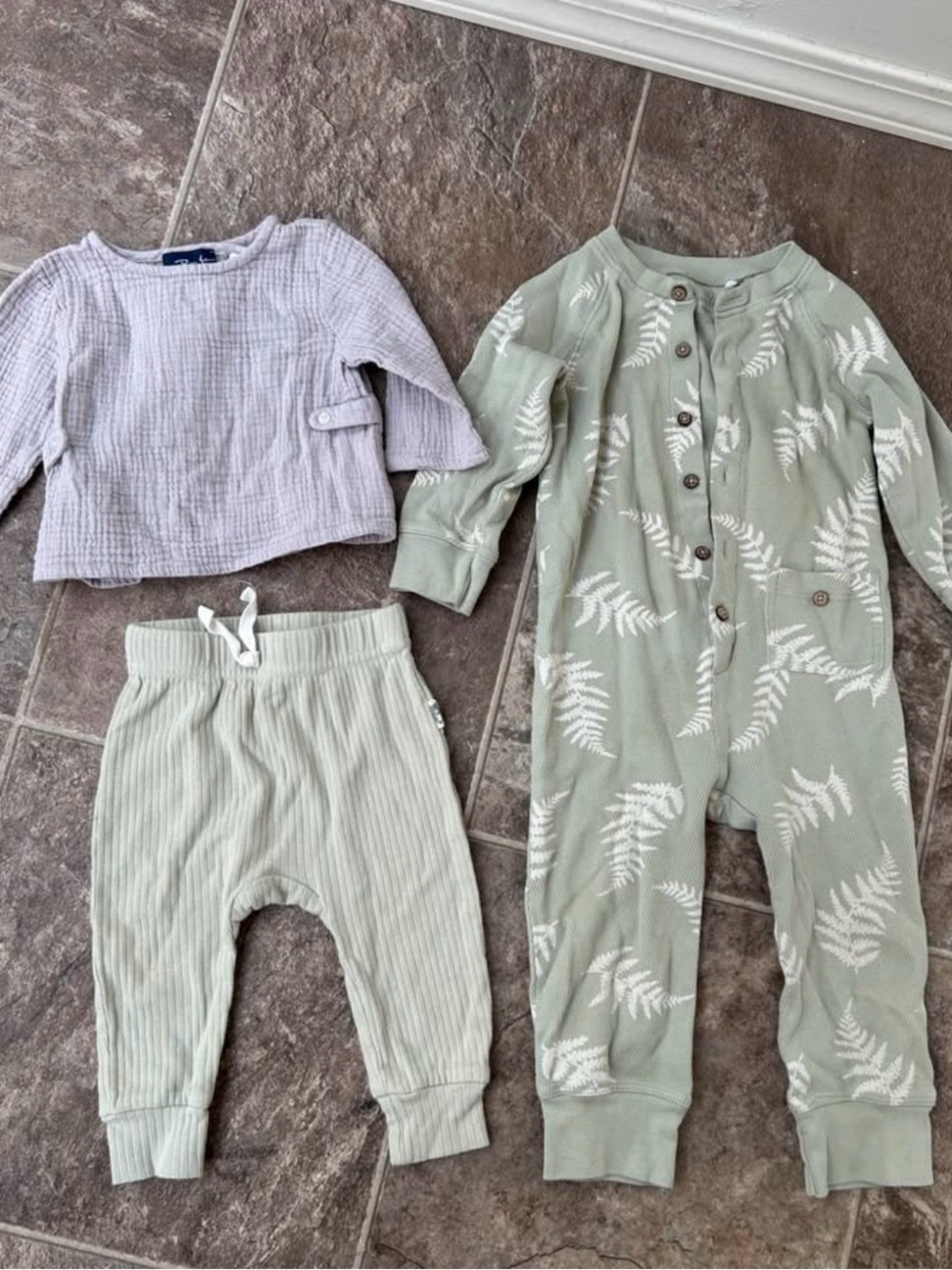 Kids Fern-Print Sage Green Pajama Set - 3-Piece Sleepwear organic cotton
